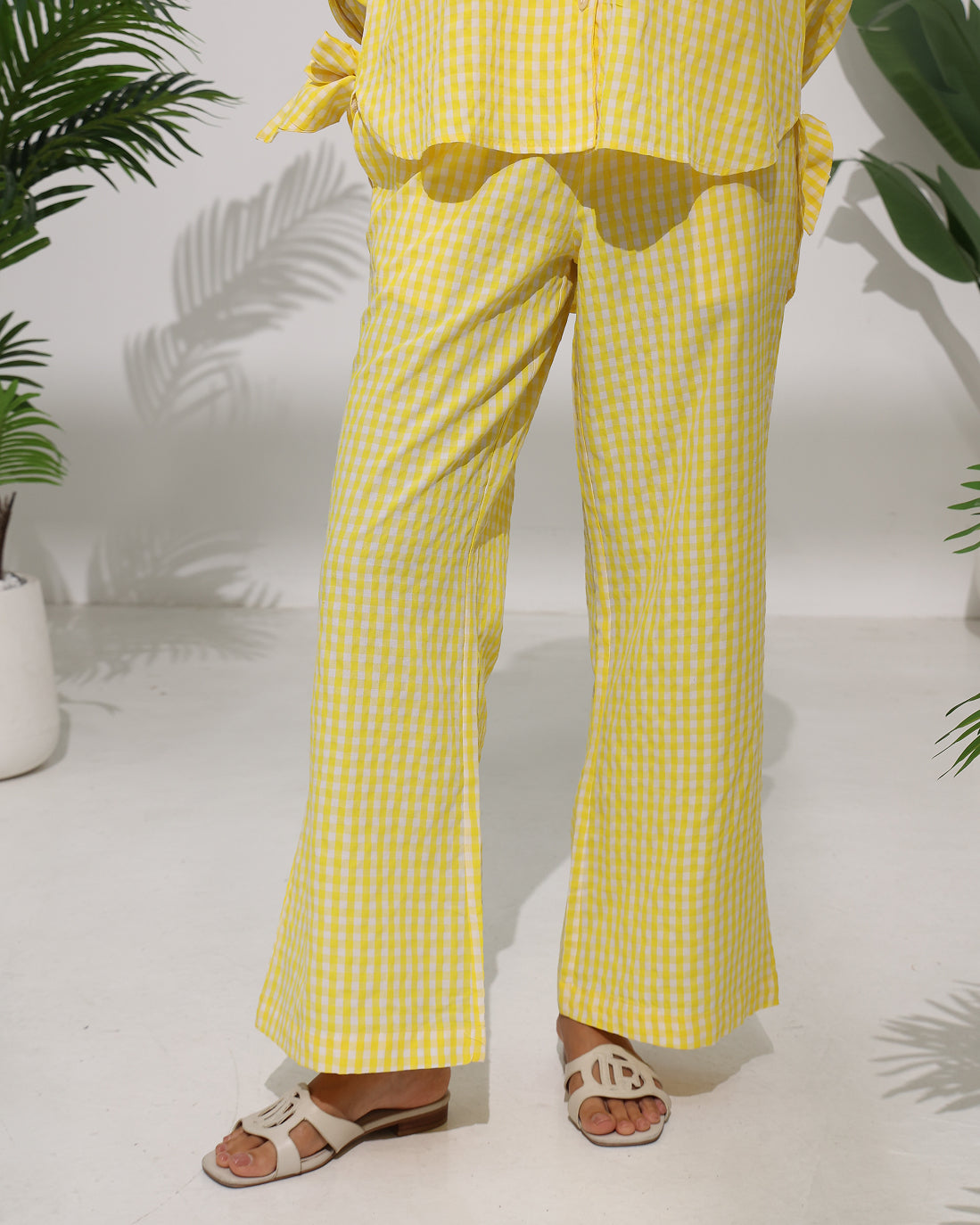 Gingham Check Co-ord Set with Tie Sleeve Detail — Yellow