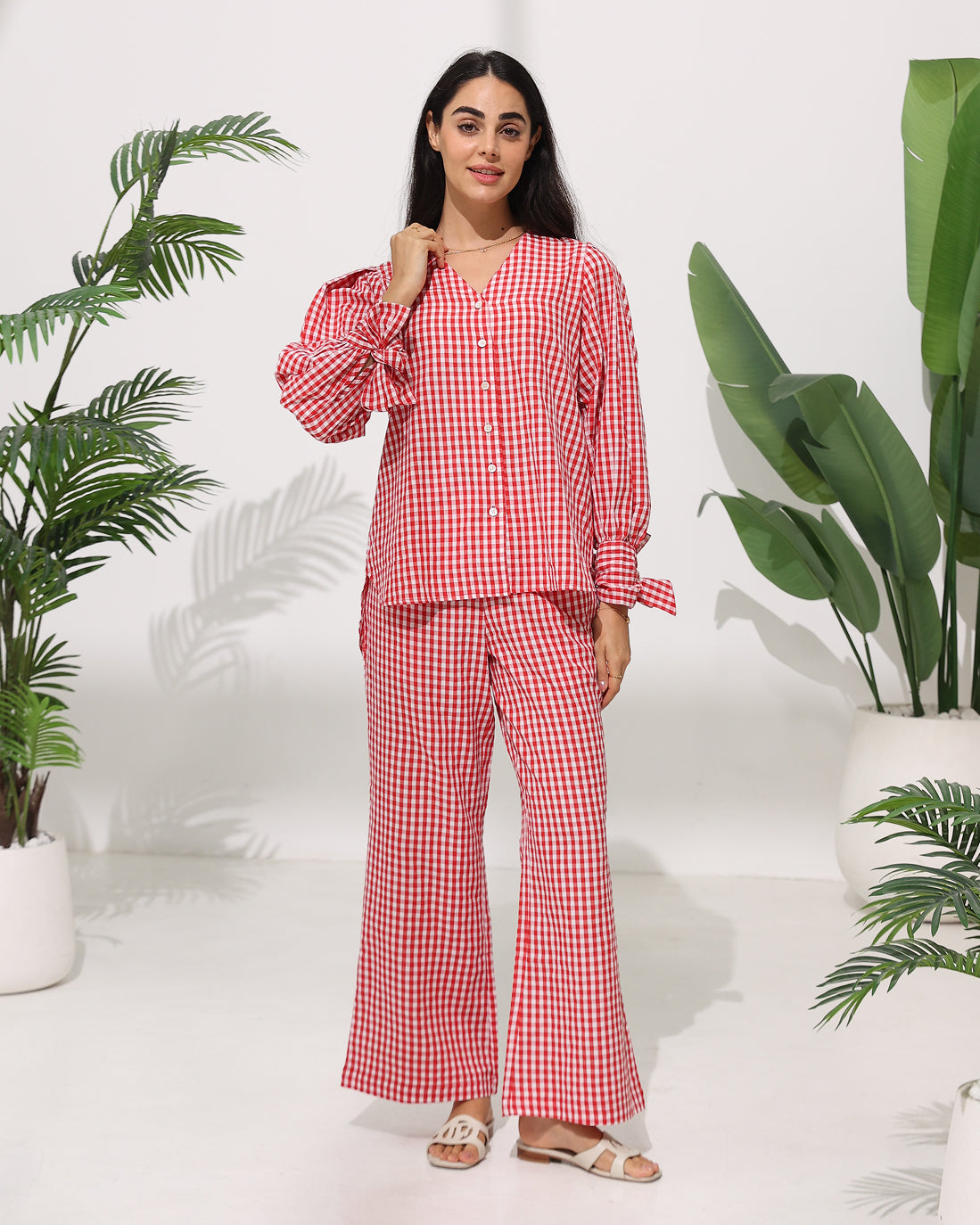 Gingham Check Co-ord Set with Tie Sleeve Detail — Red