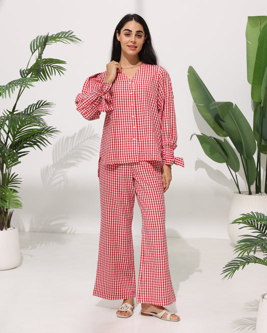Gingham Check Relaxed Co-ord Set with Knot Sleeve Detail