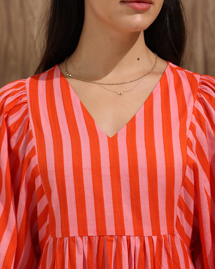 Striped A-Line Dress with Back Tie & Pockets