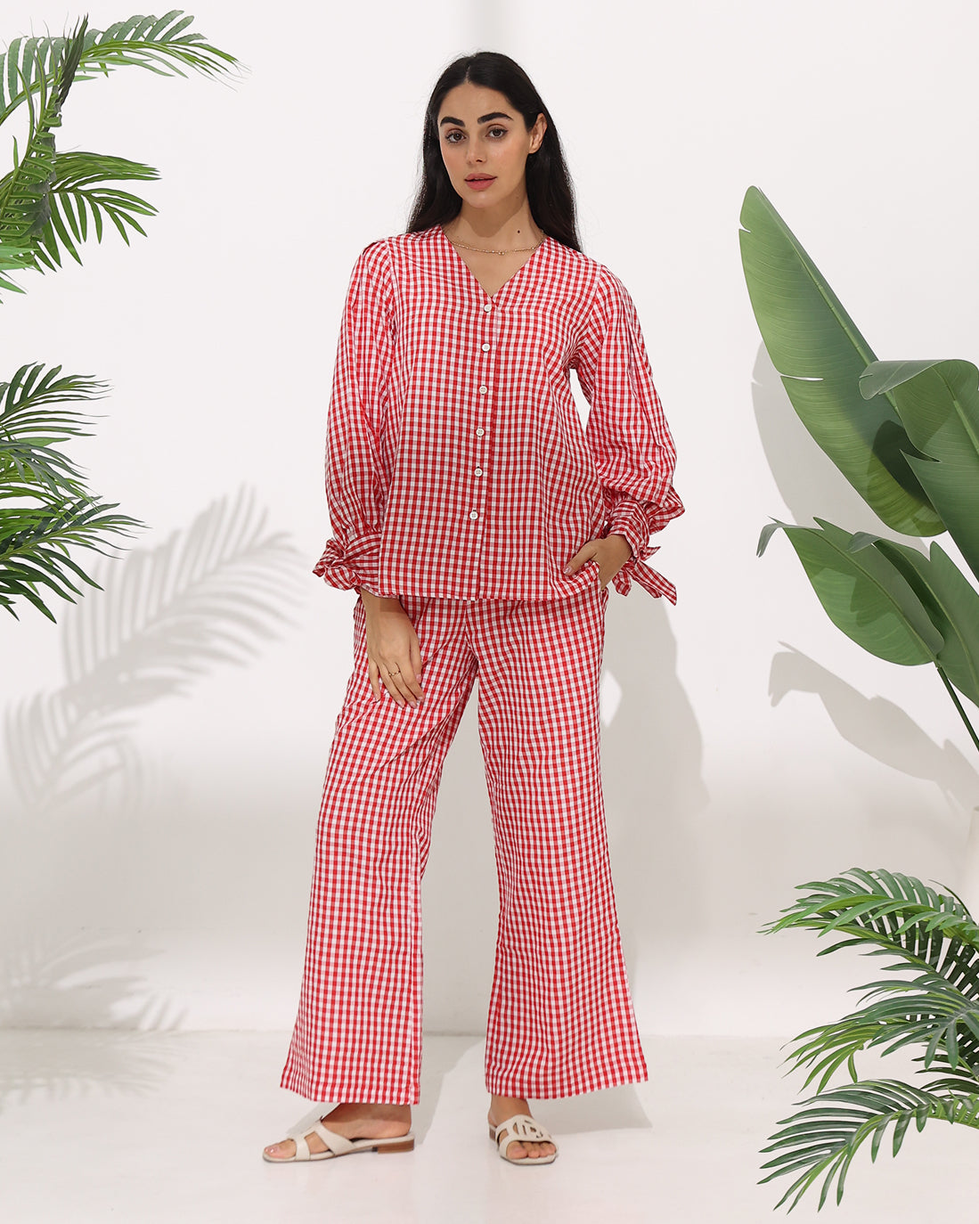 Gingham Check Co-ord Set with Tie Sleeve Detail — Red