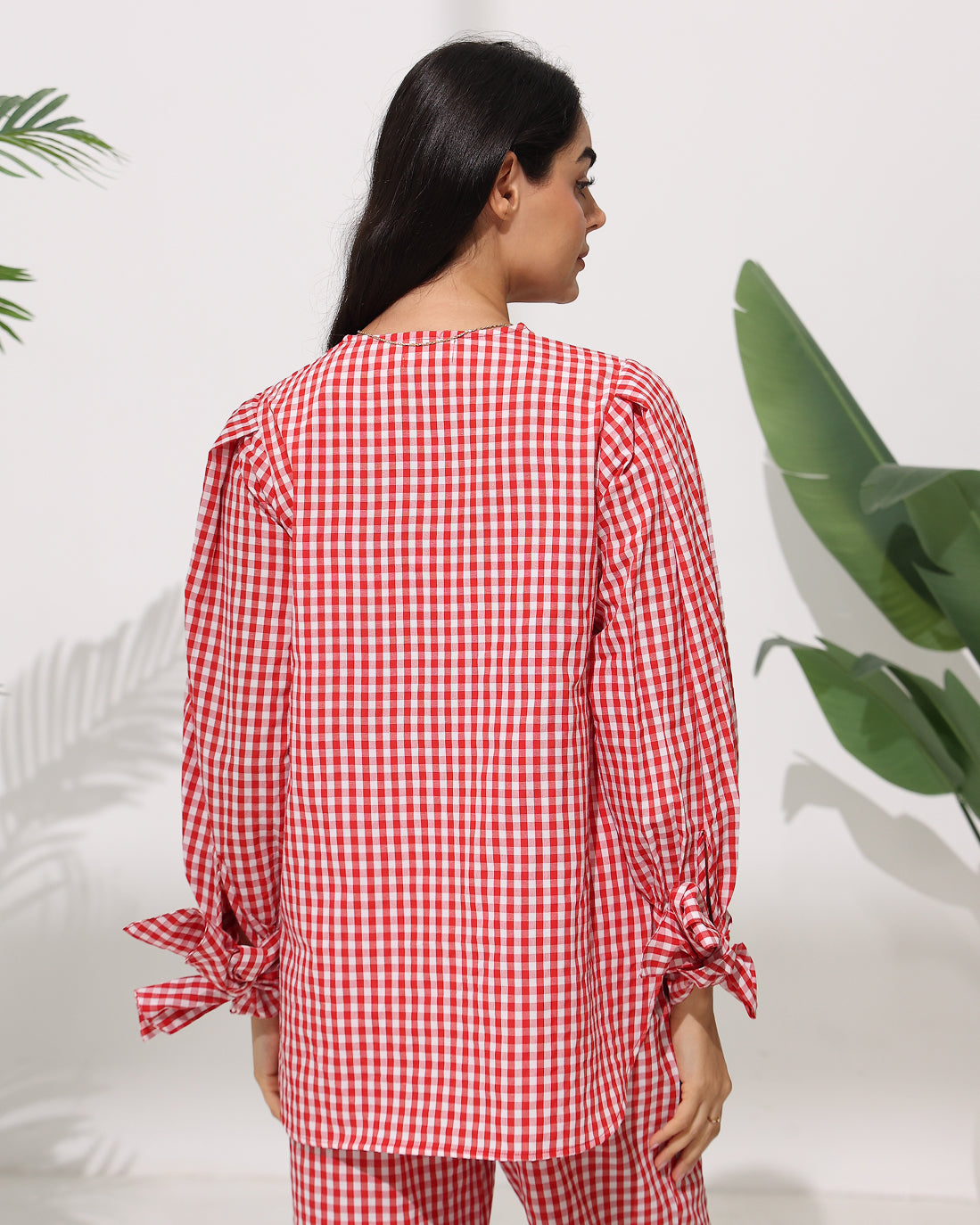 Gingham Check Co-ord Set with Tie Sleeve Detail — Red