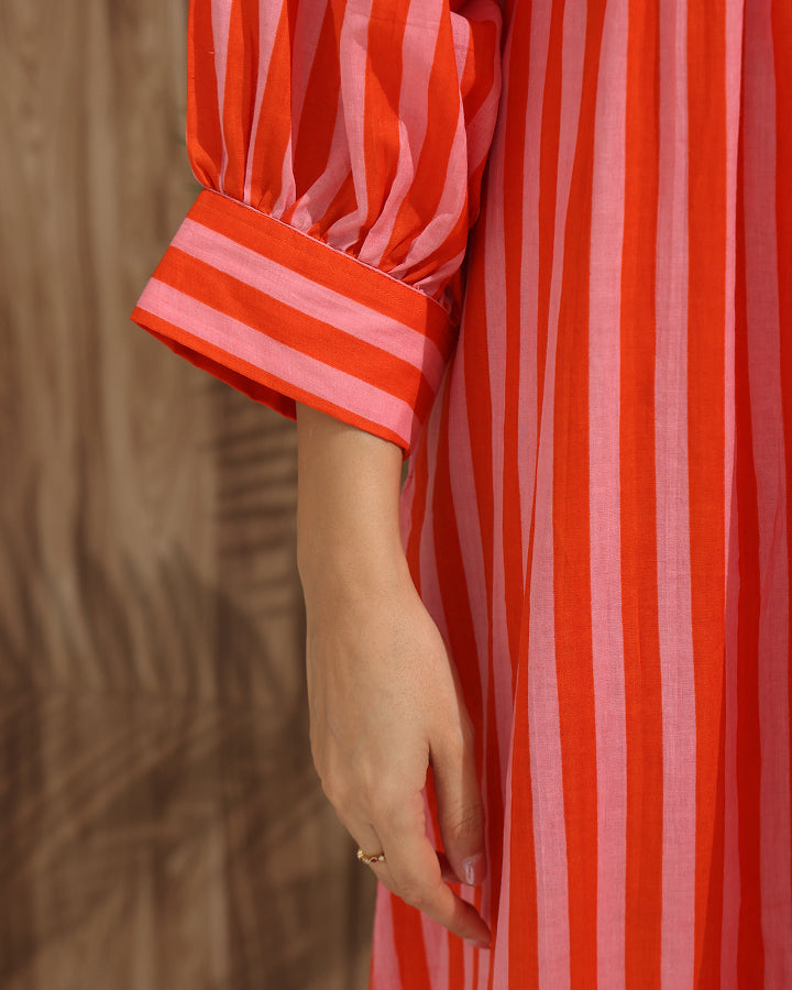 Striped A-Line Dress with Back Tie & Pockets