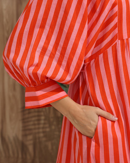 Striped A-Line Dress with Belt & Pockets
