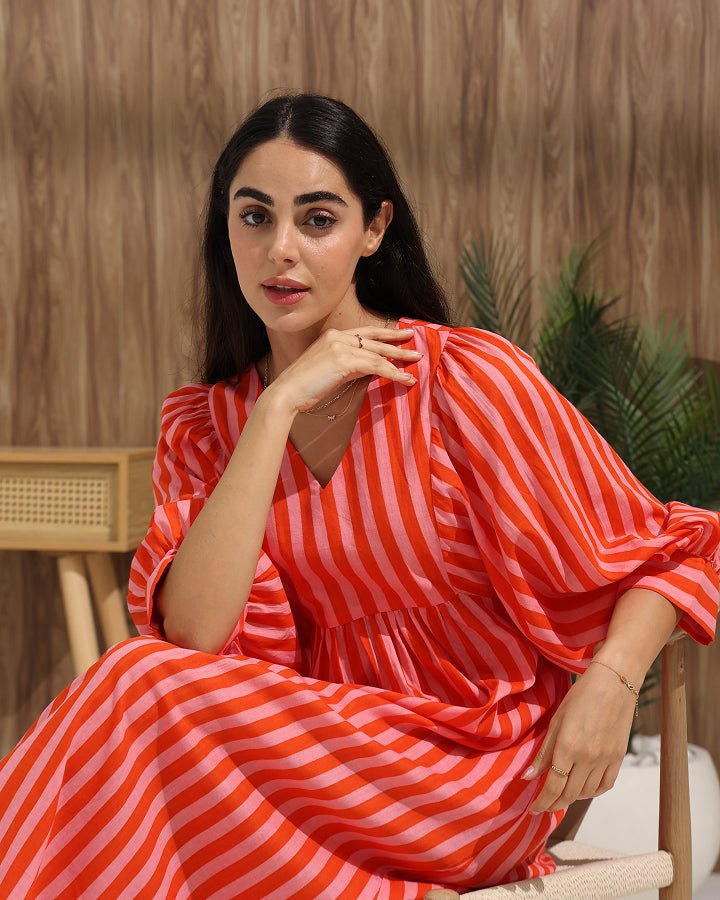 Striped A-Line Dress with Back Tie & Pockets