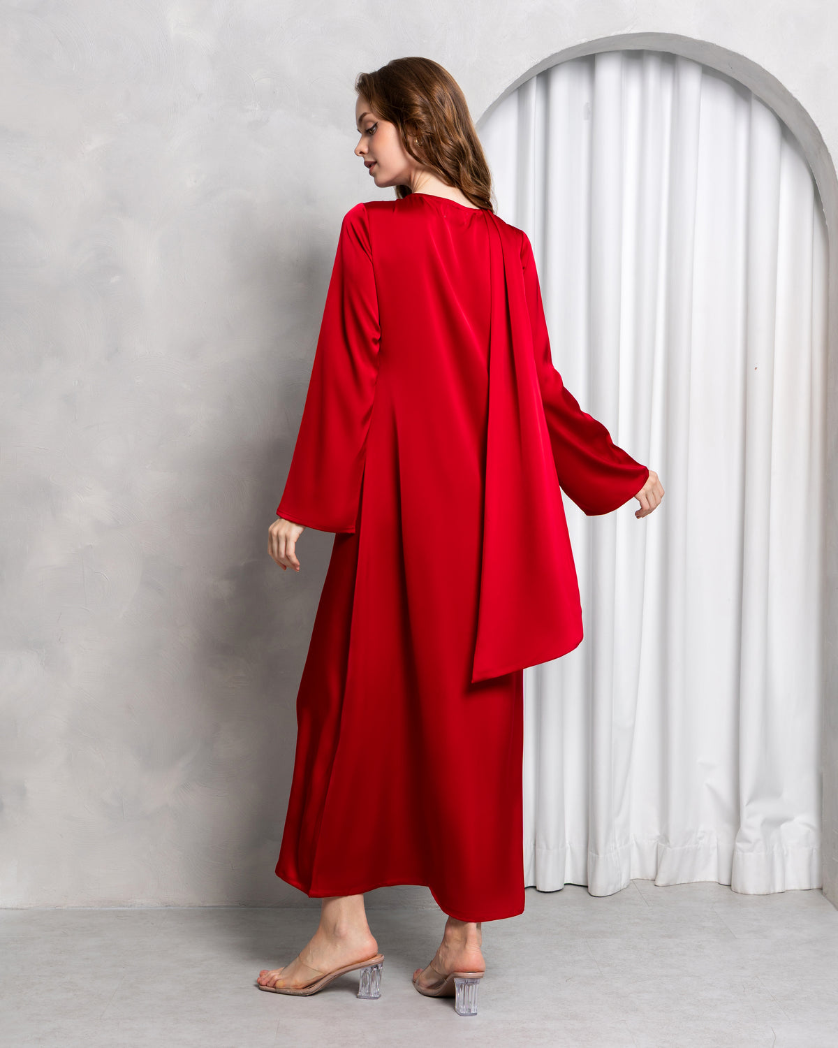 Aura Stole Satin Dress – Scarlet Red | Women's Evening Wear