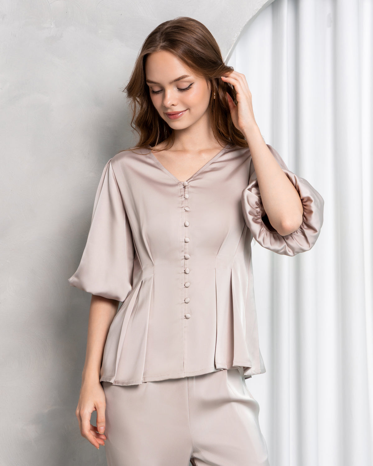 Aura Peplum Co-ord Set – Ivory Beige