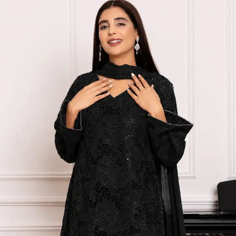 Black Cutwork Suit with Satin Flare Pants & Dupatta – Made to Order