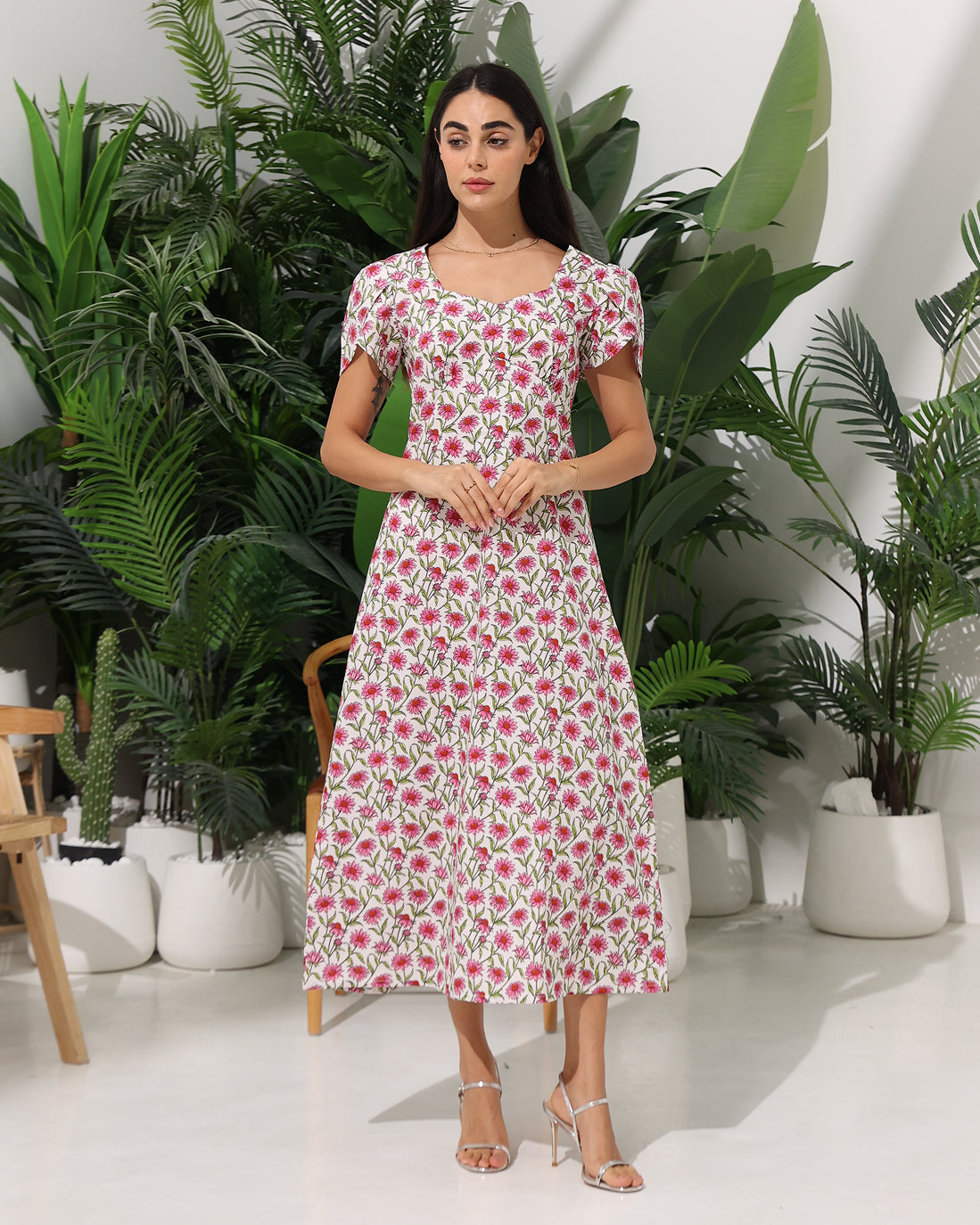 Floral Bloom Maxi Dress with Back Tie drawstring
