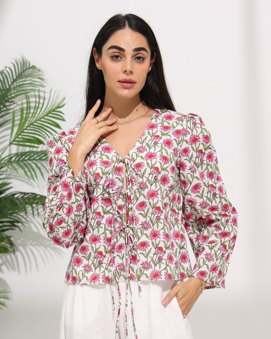 Floral Tie Front Top with V-Neckline