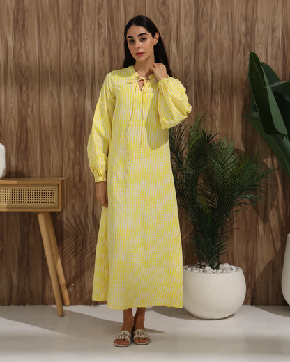 Gingham Check Tie-Neck Maxi Dress – Yellow