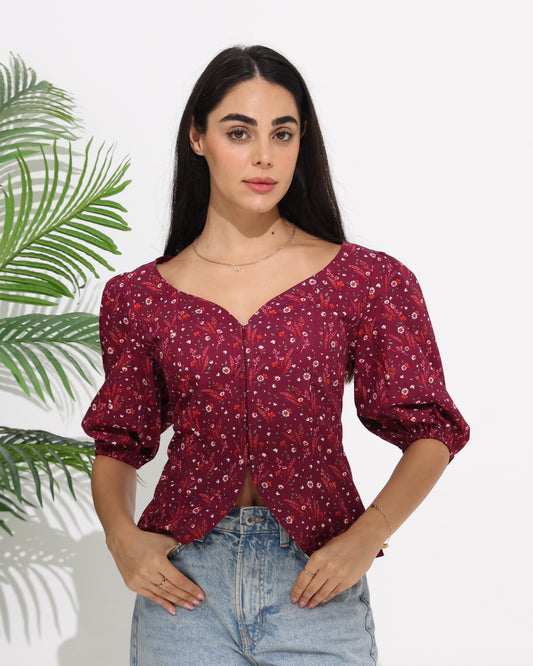 Floral Puff Sleeve Top with Sweetheart Neckline