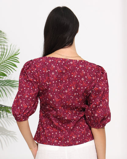 Floral Puff Sleeve Top with Sweetheart Neckline