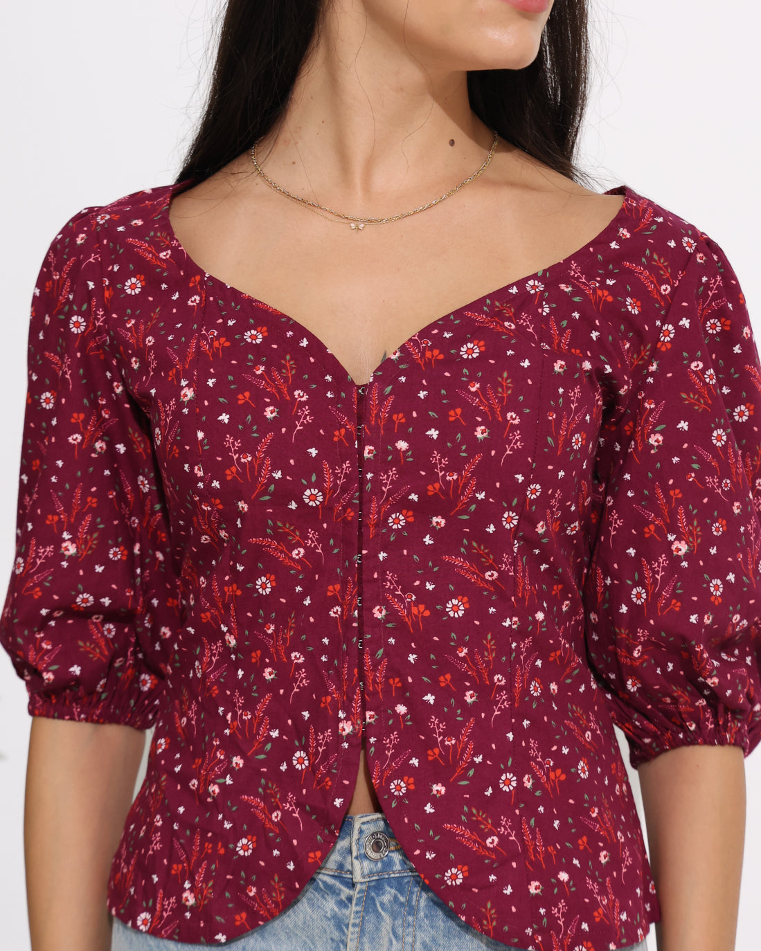 Floral Puff Sleeve Top with Sweetheart Neckline