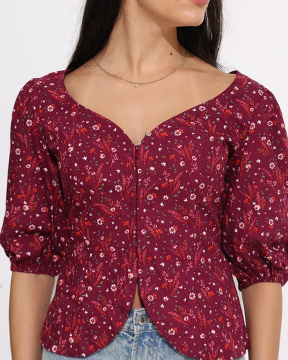 Floral Puff Sleeve Top with Sweetheart Neckline