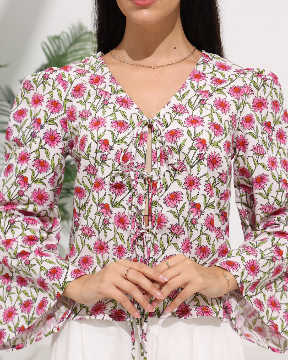 Floral Tie Front Top with V-Neckline