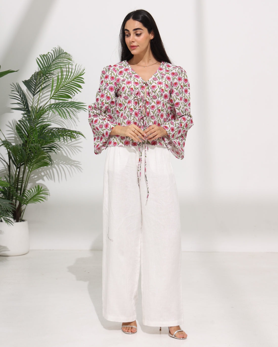 Floral Tie Front Top with V-Neckline