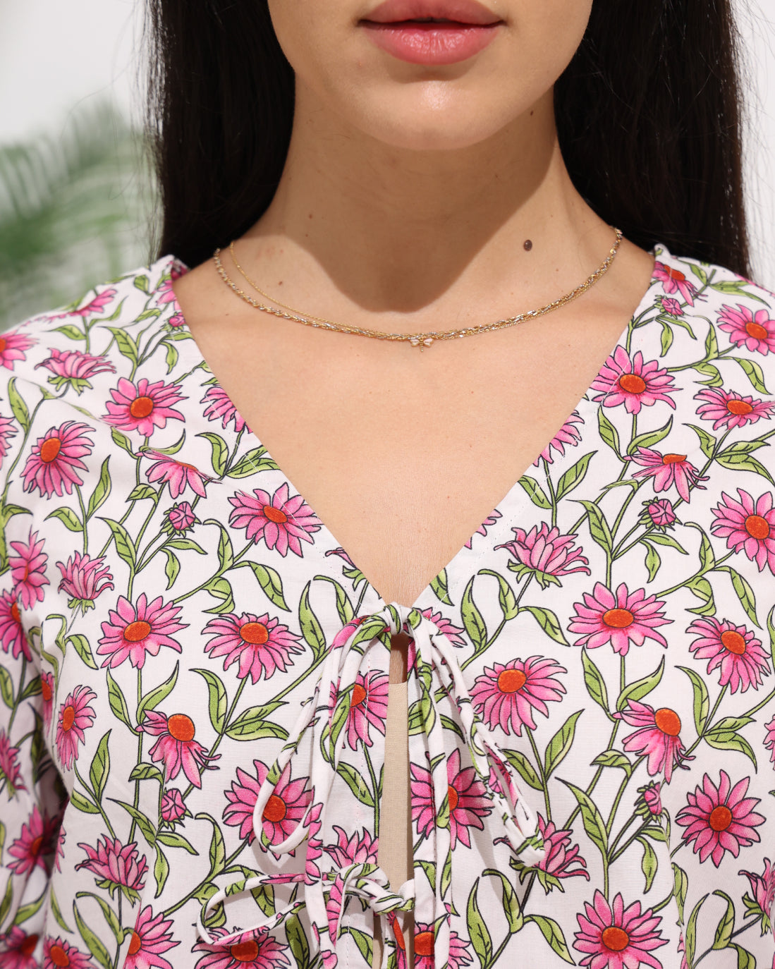 Floral Tie Front Top with V-Neckline