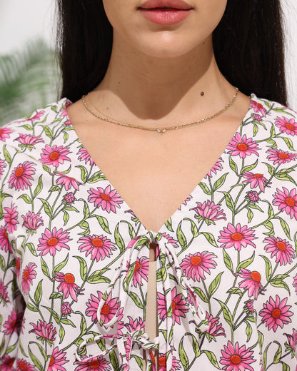 Floral Tie Front Top with V-Neckline