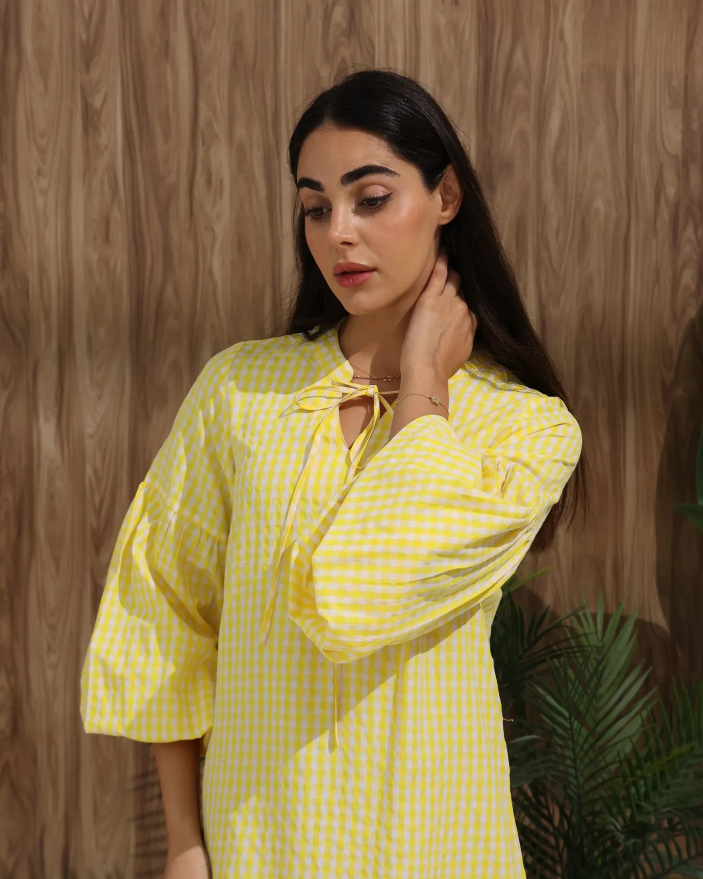 Gingham Check Tie-Neck Maxi Dress – Yellow