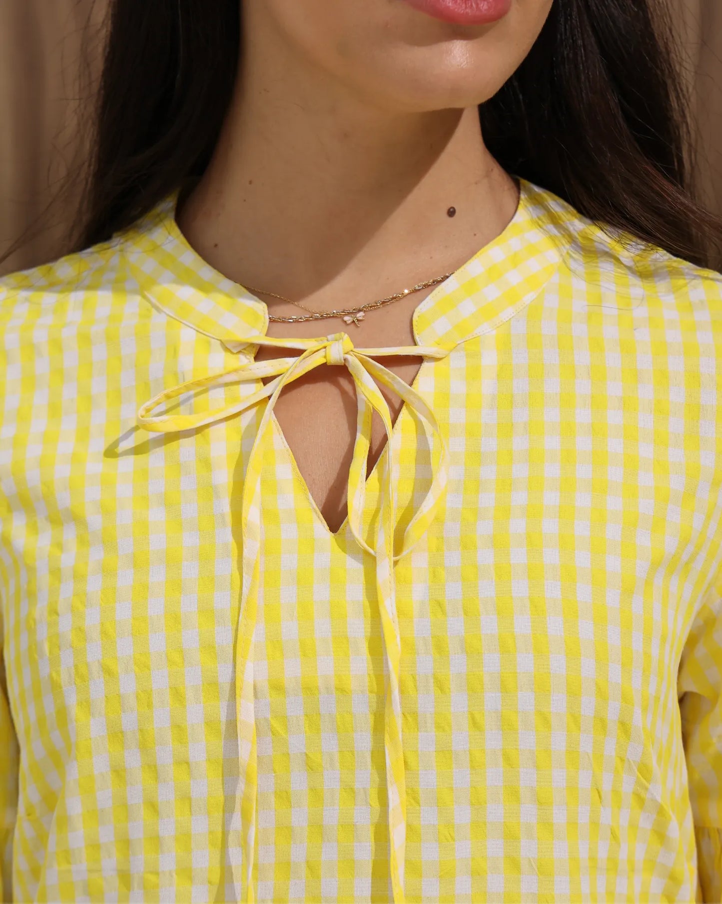 Gingham Check Tie-Neck Maxi Dress – Yellow