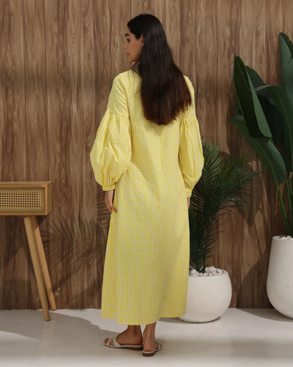 Gingham Check Tie-Neck Maxi Dress – Yellow
