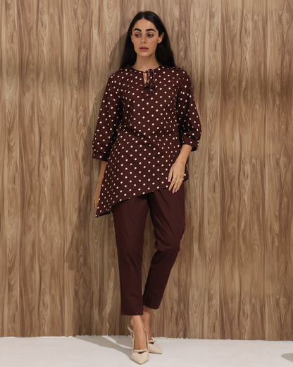 Polka Dot Diagonal Co-ord Set with Tie Neck Top