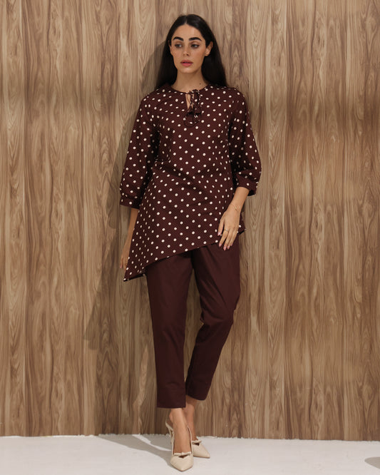 Polka Dot Diagonal Co-ord Set with Tie Neck Top and Ankel length pants