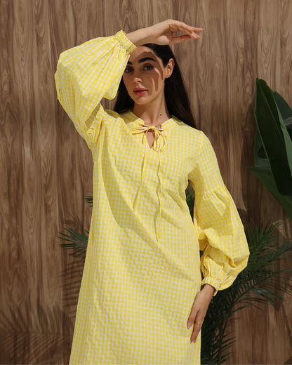 Gingham Check Tie-Neck Maxi Dress – Yellow