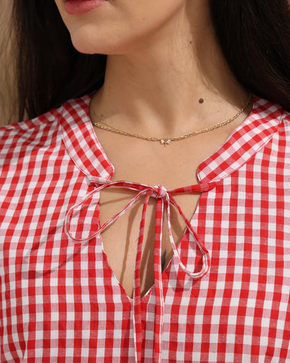Gingham Check Tie-Neck Maxi Dress – Red