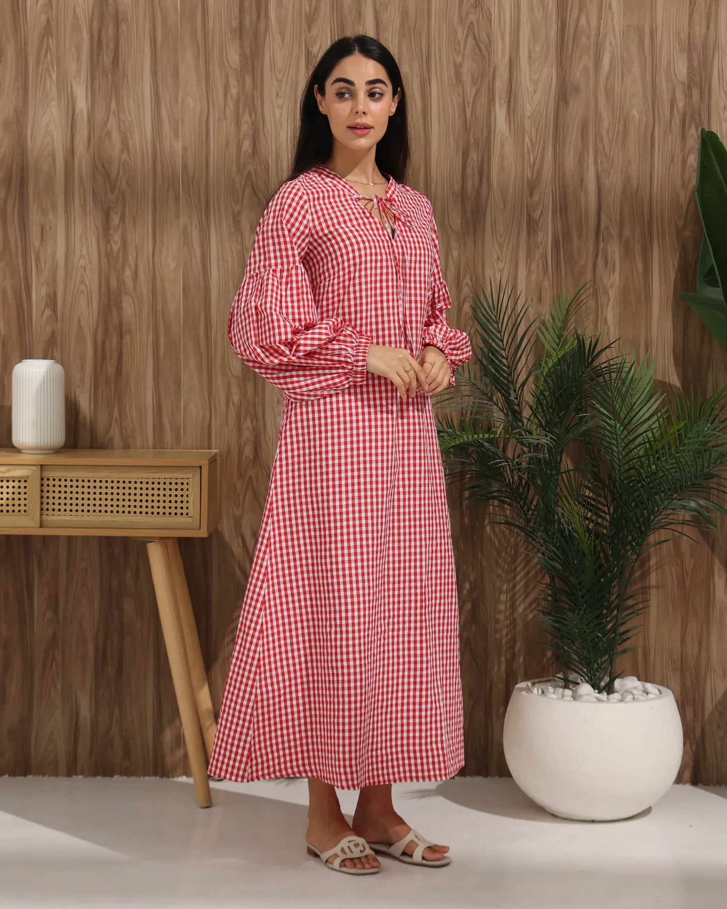 Gingham Check Tie-Neck Maxi Dress – Red