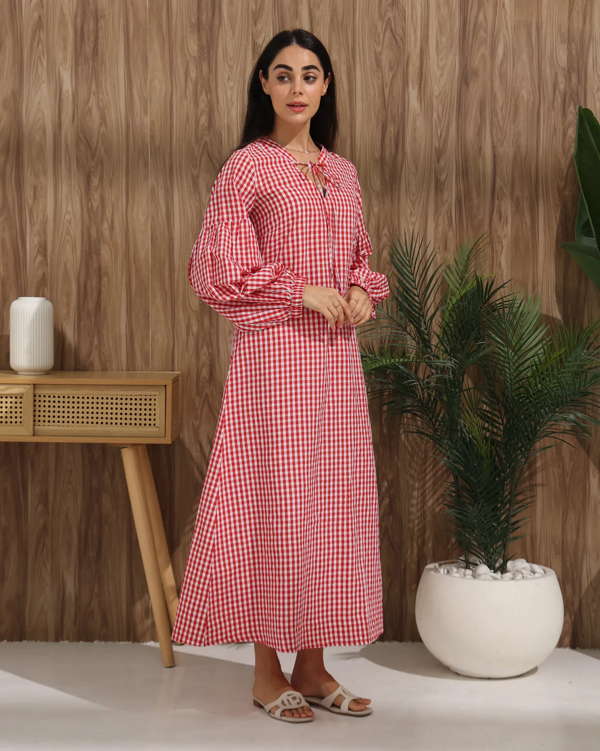 Gingham Check Tie-Neck Maxi Dress – Red