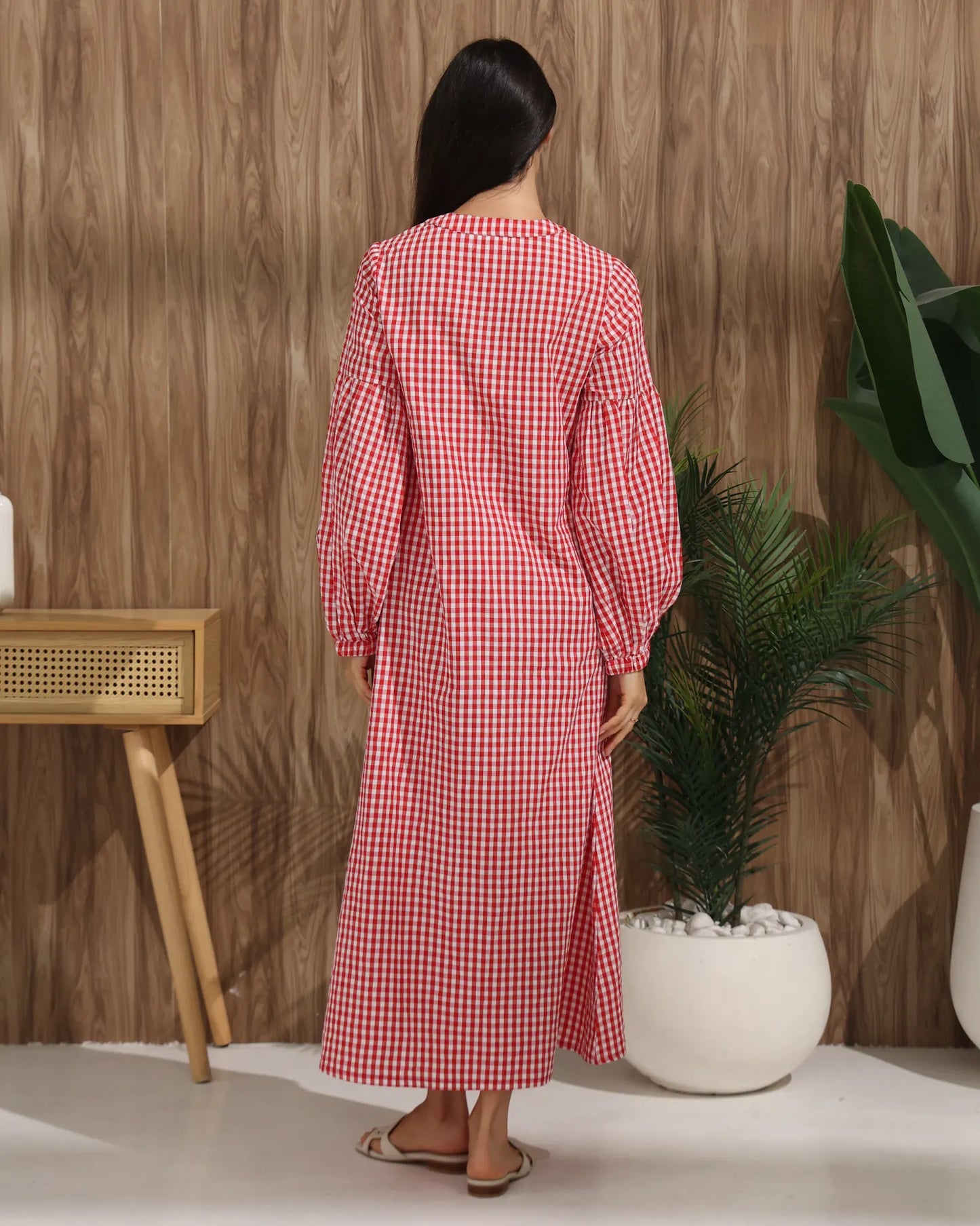 Gingham Check Tie-Neck Maxi Dress – Red