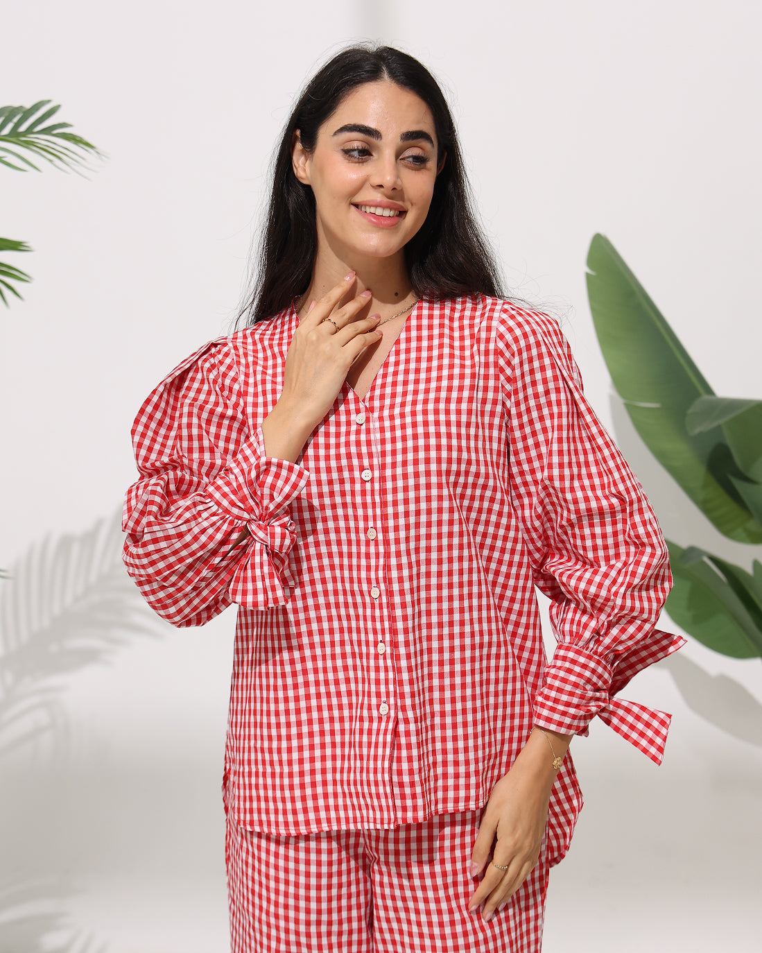 Gingham Check Co-ord Set with Tie Sleeve Detail — Red