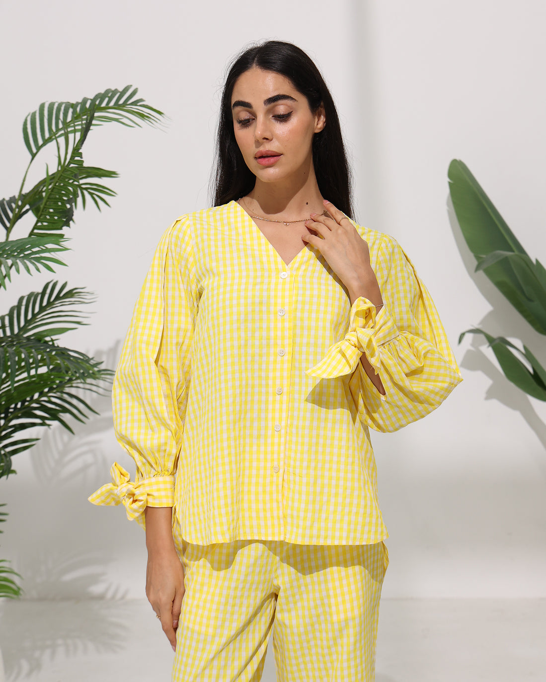 Gingham Check Co-ord Set with Tie Sleeve Detail — Yellow