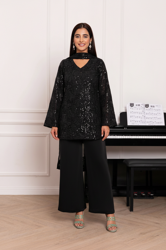 Black Cutwork Suit with Satin Flare Pants & Dupatta – Made to Order