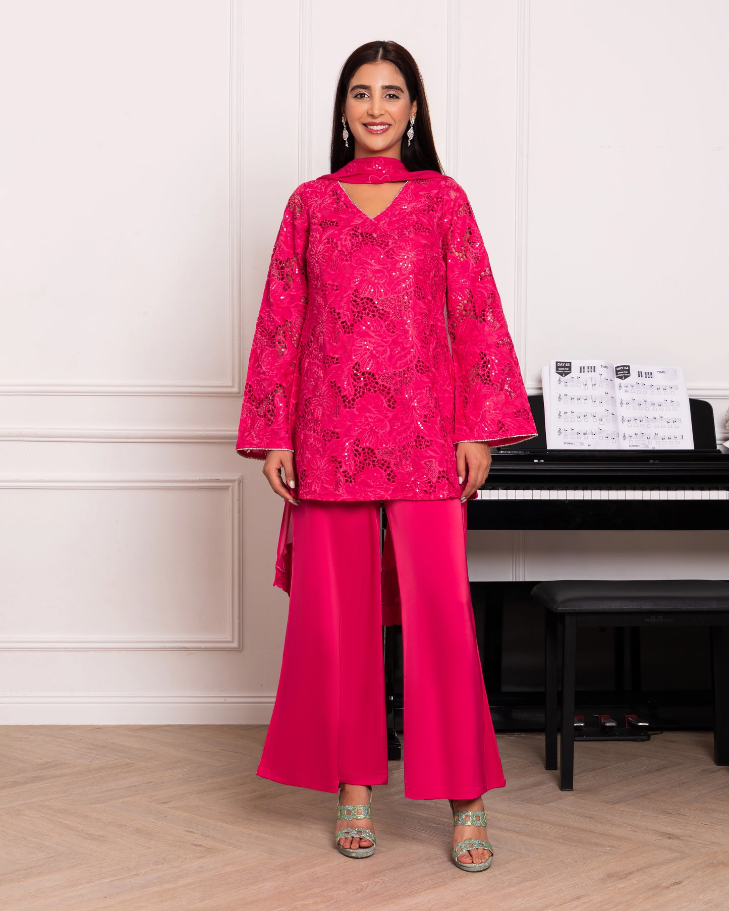 Vibrant Hot Pink Cutwork Suit with Satin Flare Pants & Dupatta