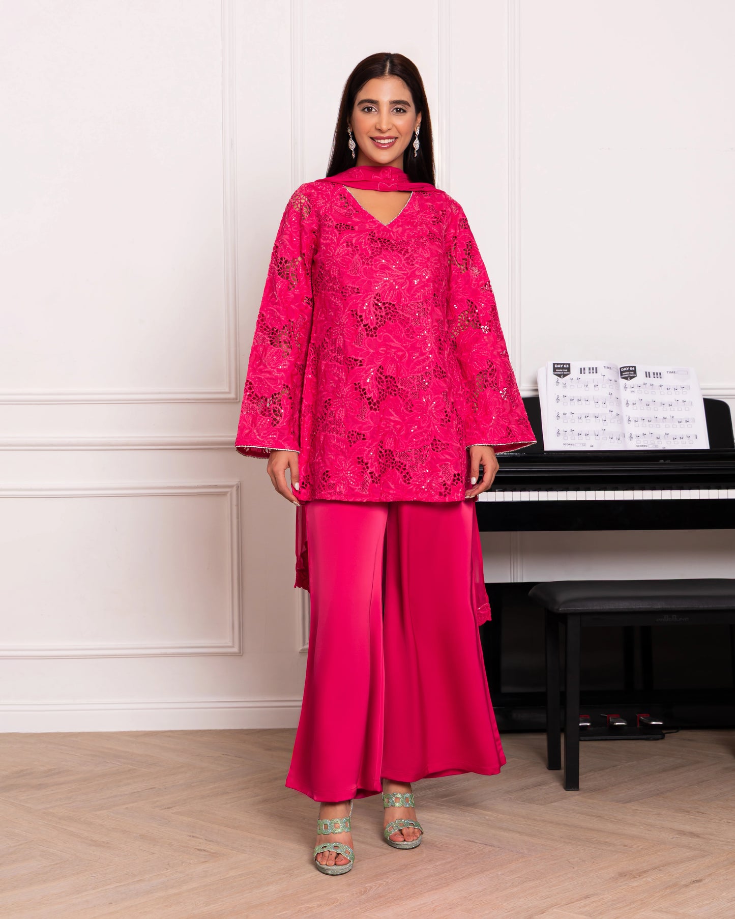 Vibrant Hot Pink Cutwork Suit with Satin Flare Pants & Dupatta