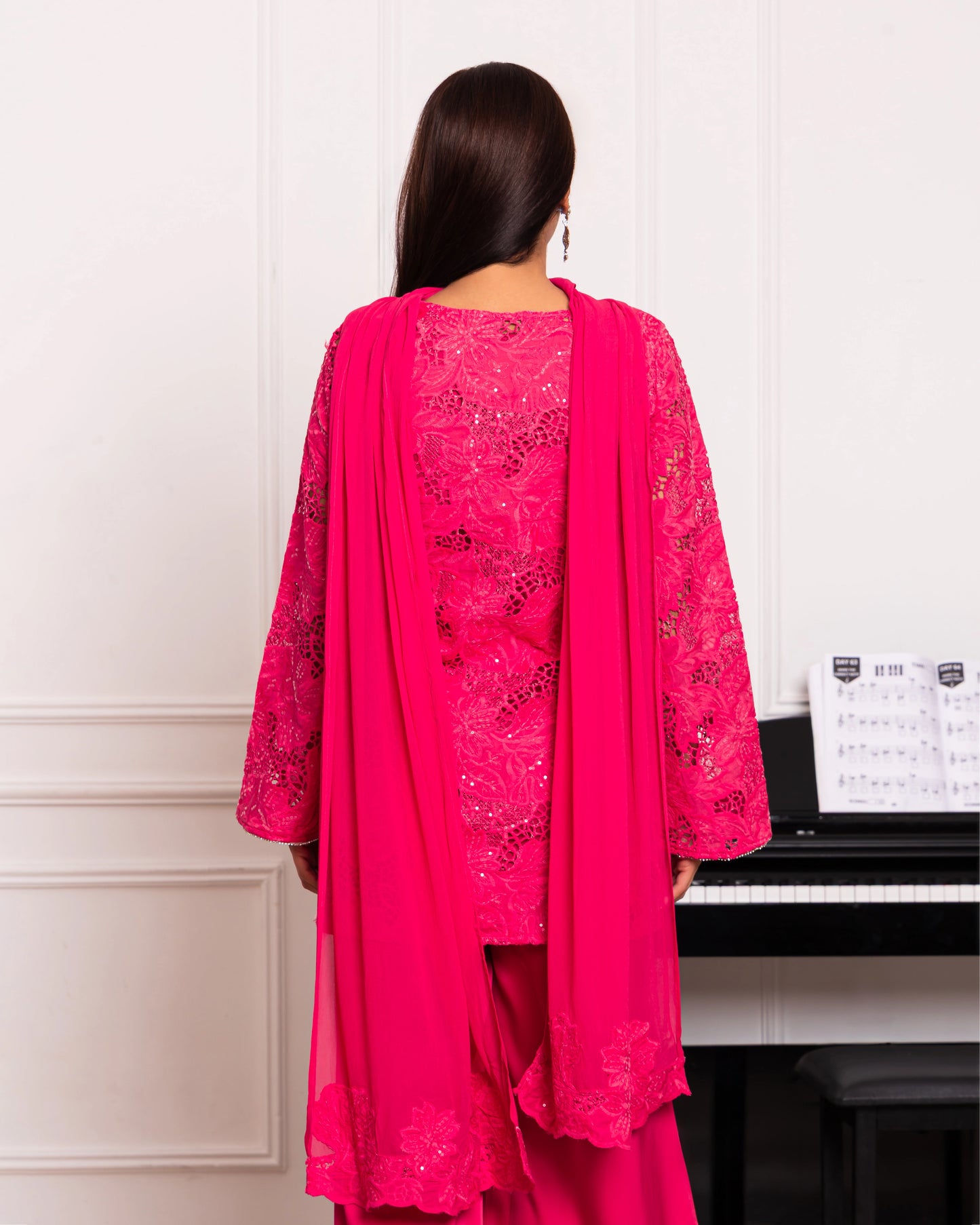 Vibrant Hot Pink Cutwork Suit with Satin Flare Pants & Dupatta