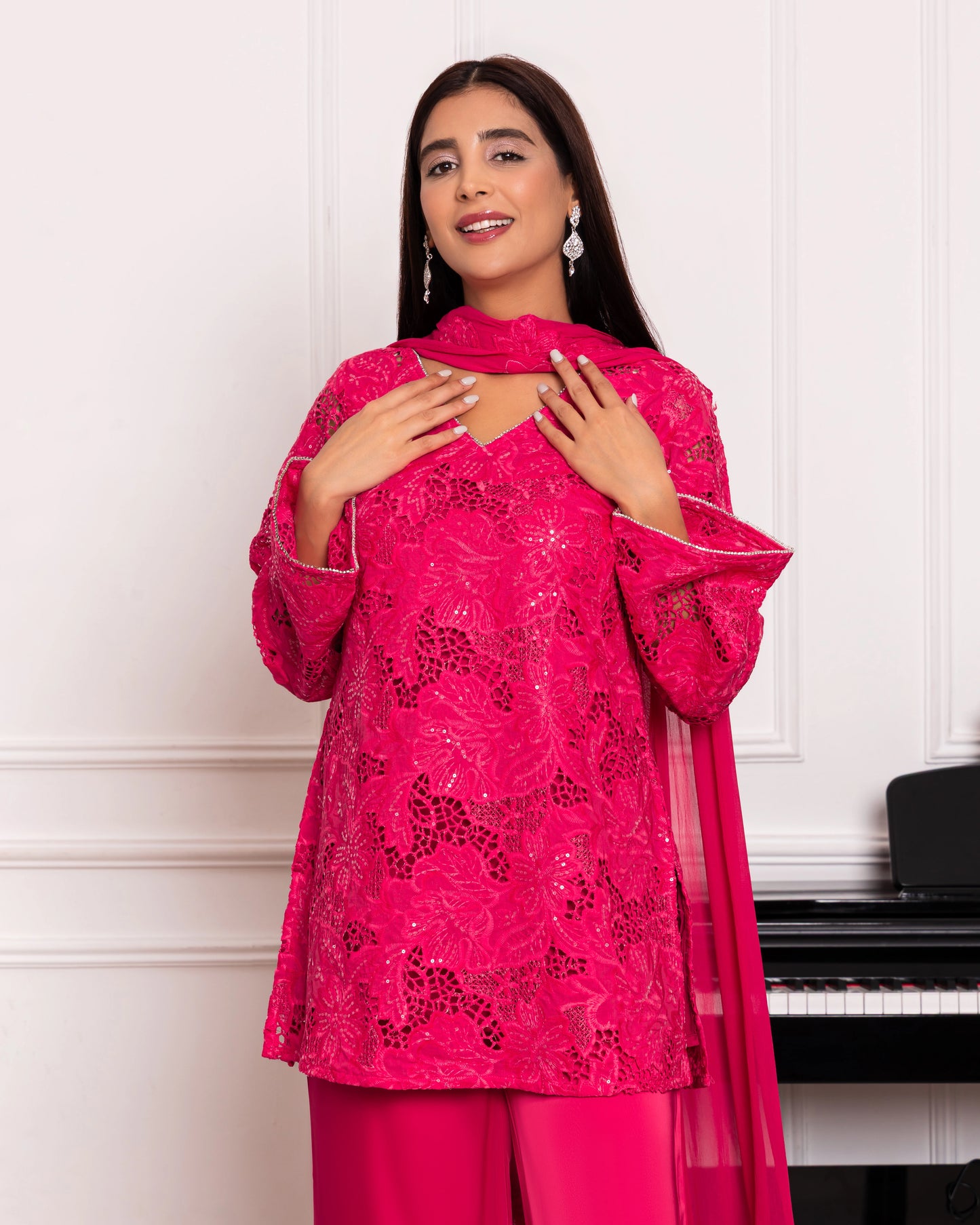 Vibrant Hot Pink Cutwork Suit with Satin Flare Pants & Dupatta