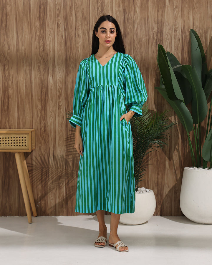 Striped A-Line Dress with Back Tie & Pockets