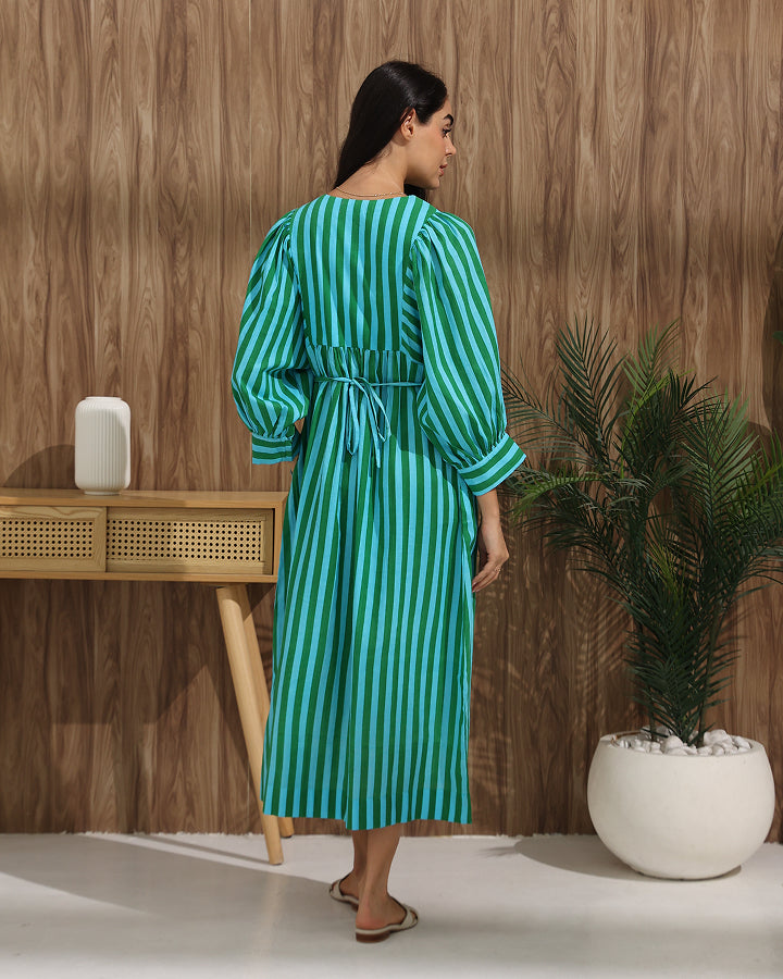 Striped A-Line Dress with Back Tie & Pockets
