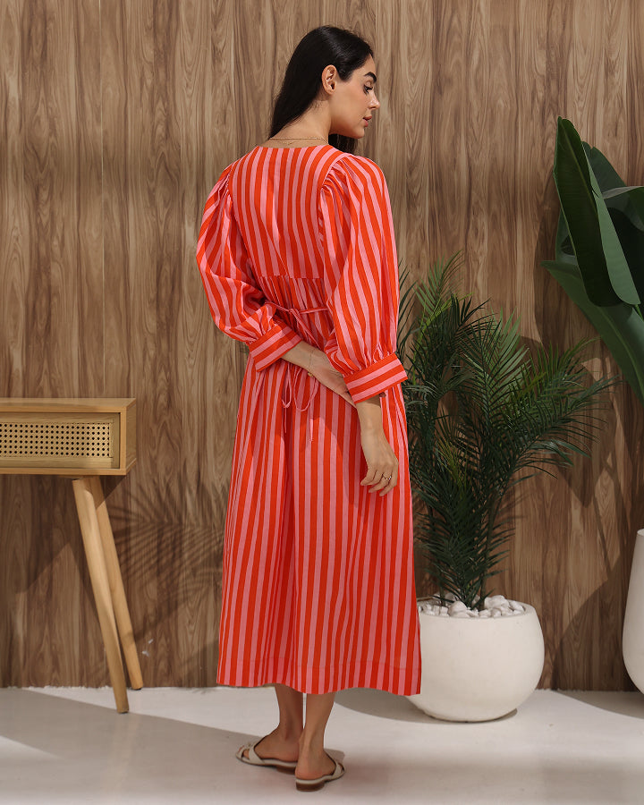 Striped A-Line Dress with Back Tie & Pockets