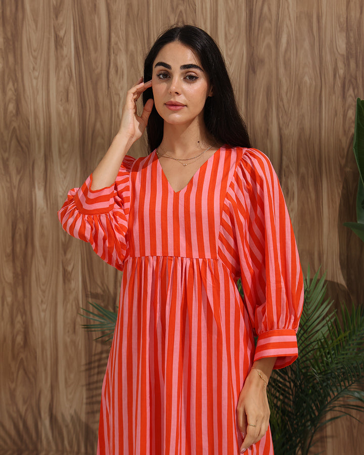Striped A-Line Dress with Back Tie & Pockets