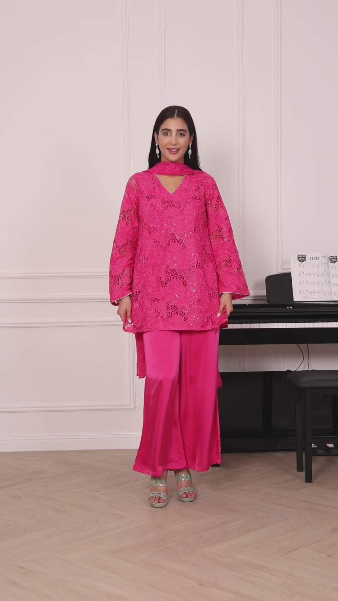 Vibrant Hot Pink Floral Cutwork Suit with Satin Flare Pants & Dupatta