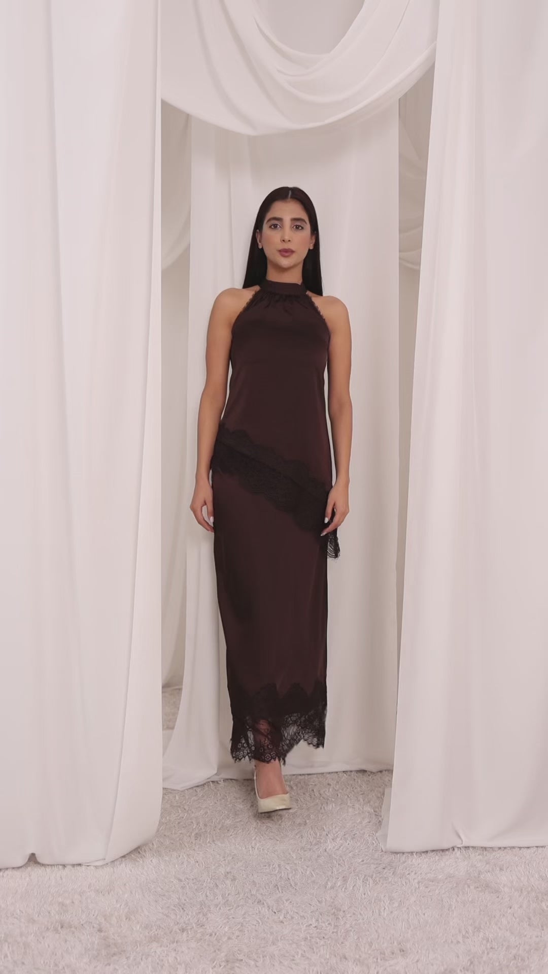Chocolate Brown Satin Skirt With Lace – Elegant Slim fit