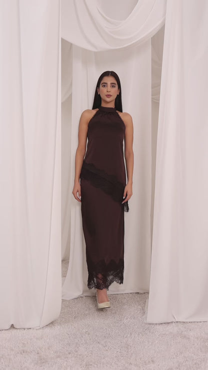 Halter Neck Diagonal Lace Top – Chocolate Brown